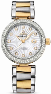 Omega De Ville Ladymatic Co-Axial White Mother of Pearl Diamond Dial Date Diamond Bezel 18k Yellow Gold and Stainless Steel Watch# 425.25.34.20.55.002 (Women Watch)