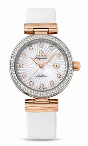 Omega De Ville Ladymatic Co-Axial White Mother of Pearl Diamond Dial Date Diamond Bezel White Satin-Brushed Leather Strap Watch# 425.27.34.20.55.001 (Women Watch)