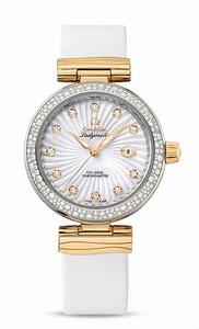 Omega De Ville Ladymatic Co-Axial White Mother of Pearl Diamond Dial Diamond Bezel White Satin-Brushed Leather Watch#425.27.34.20.55.002 (Women Watch)