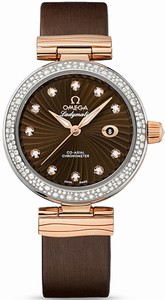 Omega De Ville Ladymatic Co-Axial Automatic Diamond Indexes Date Dial Diamond Bezel Brown Satin-Brushed Leather Strap Watch# 425.27.34.20.63.001 (Women Watch)