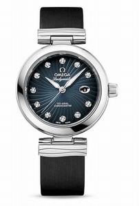 Omega De Ville Ladymatic Co-Axial Blue Diamond Date Dial Satin-Brushed Black Leather Strap Watch# 425.32.34.20.56.001 (Women Watch)