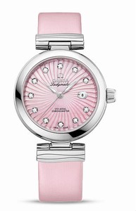 Omega De Ville Ladymatic Co-Axial Pink Mother of Pearl Diamond Dial Date Pink Satin-Brushed Leather Strap Watch# 425.32.34.20.57.001 (Women Watch)