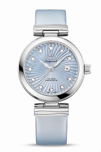Omega De Ville Ladymatic Co-Axial Blue Mother of Pearl Diamond Dial Date Blue Satin-Brushed Leather Watch# 425.32.34.20.57.002 (Women Watch)