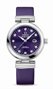 Omega De Ville Ladymatic Automatic Diamond Indexes Date Dial Satin-Brushed Purple Leather Strap Watch# 425.32.34.20.60.001 (Women Watch)