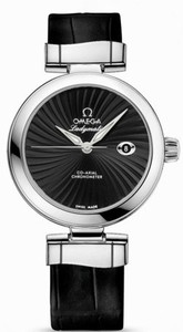 Omega 34mm Ladymatic Black Dial Stainless Steel Case With Black Leather Strap Watch #425.33.34.20.01.001 (Women Watch)