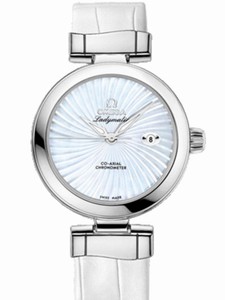 Omega 34mm Ladymatic White Mother Of Pearl Dial Stainless Steel Case With White Leather Strap Watch #425.33.34.20.05.001 (Women Watch)