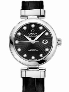 Omega 34mm Ladymatic Black Dial Stainless Steel Case, Diamonds With Black Leather Strap Watch #425.33.34.20.51.001 (Women Watch)