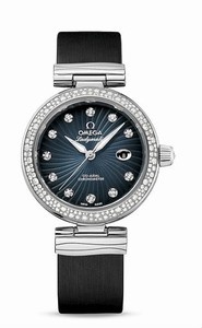 Omega De Ville Ladymatic Automatic Diamond Indexes Date Dial Diamond Bezel Satin-Brushed Black Leather Watch# 425.37.34.20.56.001 (Women Watch)