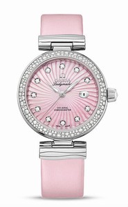 Omega De Ville Ladymatic Diamond Indexes Date Diamond Bezel Pink Satin-Brushed Leather Watch# 425.37.34.20.57.001 (Women Watch)