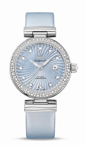 Omega De Ville Ladymatic Diamond Indexes Date Dial Diamond Bezel Blue Satin-Brushed Leather Watch# 425.37.34.20.57.002 (Women Watch)