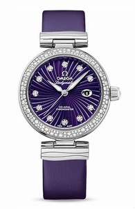 Omega De Ville Ladymatic Diamond Indexes Date Dial Diamond Bezel Purple Satin Brushed Leather Watch# 425.37.34.20.60.001 (Women Watch)