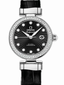 Omega 34mm Ladymatic Black Dial Stainless Steel Case, Diamonds With Black Leather Strap Watch #425.38.34.20.51.001 (Women Watch)