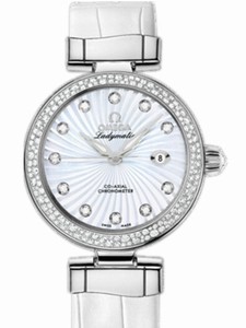 Omega 34mm Ladymatic White Mother Of Pearl Dial Stainless Steel Case, Diamonds With White Leather Strap Watch #425.38.34.20.55.001 (Women Watch)