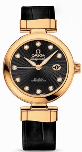 Omega 34mm Ladymatic Black Dial Yellow Gold Case, Diamonds With Black Leather Strap Watch #425.63.34.20.51.002 (Women Watch)