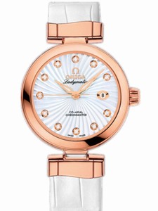 Omega 34mm Ladymatic White MOther Of Pearl Dial Rose Gold Case, Diamonds With White Leather Strap Watch #425.63.34.20.55.001 (Women Watch)