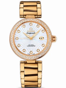 Omega 34mm Ladymatic White Mother Of Pearl Dial Yellow Gold Case, Diamonds With White Leather Strap Watch #425.63.34.20.55.002 (Women Watch)