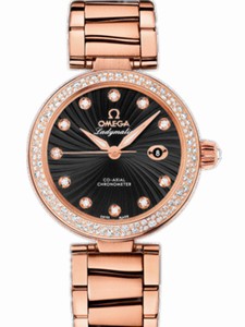 Omega 34mm Ladymatic Black Dial Rose Gold Case, Diamonds With Rose Gold Bracelet Watch #425.65.34.20.51.001 (Women Watch)