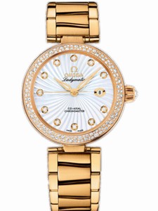 Omega 34mm Ladymatic White Mother Of Pearl Dial Yellow Gold Case, Diamonds With Yellow Gold Bracelet Watch #425.65.34.20.55.004 (Women Watch)