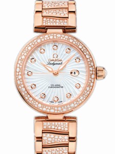 Omega 34mm Ladymatic White Mother Of Pearl Dial Rose Gold Case, Diamonds With Rose Gold Bracelet Watch #425.65.34.20.55.005 (Women Watch)