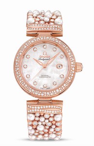 Omega De Ville Ladymatic Diamond Indexes 18ct Rose Gold and Diamond Case Akoya Pearls and Diamond Bracelet Watch# 425.65.34.20.55.008 (Women Watch)