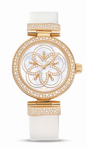 Omega De Ville Ladymatic White Mother of Pearl Diamond Dial 18k Yellow Gold and Diamond Bezel White Satin Brushed Leather Watch# 425.67.34.20.55.005 (Women Watch)