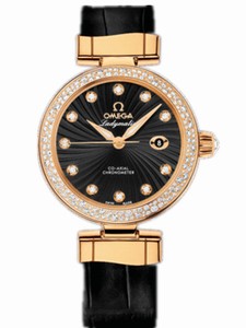 Omega 34mm Ladymatic Black Dial Yellow Gold Case, Diamonds With Black Leather Strap Watch #425.68.34.20.51.002 (Women Watch)