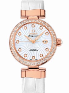 Omega 34mm Ladymatic White Mother Of Pearl Dial Rose Gold Case, Diamonds With White Leather Strap Watch #425.68.34.20.55.001 (Women Watch)
