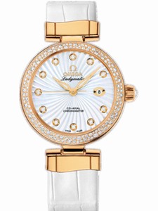 Omega 34mm Ladymatic White Mother Of Pearl Dial Yellow Gold Case, Diamonds With White Leather Strap Watch #425.68.34.20.55.003 (Women Watch)