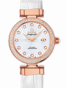 Omega 34mm Ladymatic White Mother Of Pearl Dial Rose Gold Case, Diamonds With White Leather Strap Watch #425.68.34.20.55.004 (Women Watch)