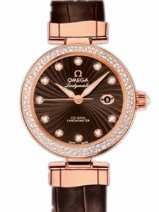 Omega 34mm Ladymatic Brown Dial Rose Gold Case, Diamonds With Brown Leather Strap Watch #425.68.34.20.63.002 (Women Watch)