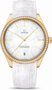 Omega Master Co-Axial Chronometer White Mother of Pearl Dial Diamond Bezel 18k Yellow Gold Case White Leather Watch# 432.58.40.21.05.002 (Men Watch)