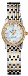 Omega 22mm Prestige Quartz White Mother Of Pearl Dial Yellow Gold Case, Diamonds With Yellow Gold And Stainless Steel Bracelet Watch #4375.75.00 (Women Watch)