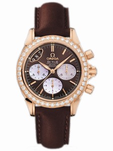 Omega 35mm Co-Axial Chronograph Brown Dial Rose Gold Case, Diamonds With Brown Leather Strap Watch #4677.60.37 (Men Watch)