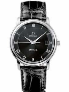 Omega 34.4mm Prestige Quartz Black Dial Stainless Steel Case With Black Leather Strap Watch #4810.52.01 (Men Watch)