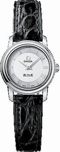 Omega 22mm Prestige Quartz Small Silver Dial Stainless Steel Case With Black Leather Strap Watch #4870.33.01 (Women Watch)