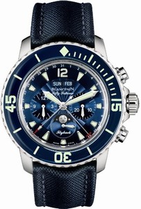 Blancpain Fifty Fathoms Automatic Flyback Chrongraph Complete Calender Moon Phase Blue Canvas Watch# 5066F-1140-52B (Men Watch)
