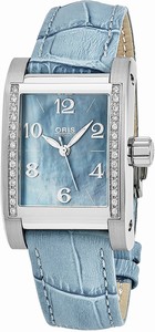 Oris Automatic Blue Mother of Pearl Dial Diamond Bezel Light Blue Leather Watch # 56175364955LS (Women Watch)