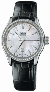 Oris Artelier Date Diamonds Automatic Diamonds Bezel Mother of Pearl Dial Black Leather Watch# 56176044956LSFC (Women Watch)