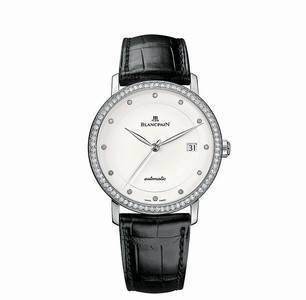 Blancpain Villeret Automatic Analog Date Diamond Bezel 18ct White Gold Case Black Leather Watch# 6223-1987-55B (Men Watch)