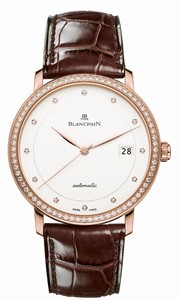 Blancpain Villeret Automatic White Diamond Date Dial Diamond Bezel 18ct Rose Gold Case Leather Watch# 6223-2987-55B (Men Watch)