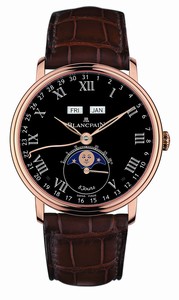 Blancpain Villeret Automatic Black Dial Day Date Month Moon Phase 18ct Rose Gold Case Leather Watch# 6639-3637-55B (Men Watch)