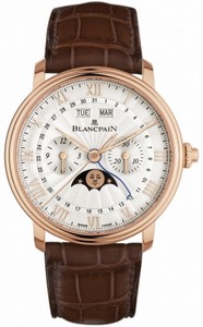 Blancpain Villeret Automatic Chronograph Complete Calender Moon Phase 18ct Rose Gold Case Brown Leather Watch# 6685-3642-55B (Men Watch)