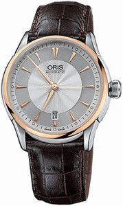 Oris Automatic Stainless Steel Silver Guilloche With Date At 6 Dial Brown Crocodile Leather Band Watch #73375916351LS (Watch)