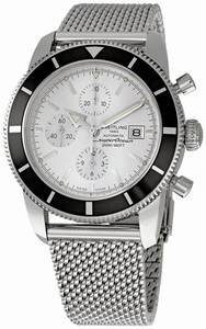 Breitling Automatic COSC Stratus Silver Chronograph With Date At 3 Dial Ocean Classic Steel Mesh Band Watch #A1332024/G698-SS (Men Watch)