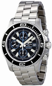 Breitling Automatic Black Chronograph With Abyss Blue Accents, Luminescent Index Markers, Date At 3 Dial Stainless Steel Band Watch #A1334102/BA83-SS (Men Watch)