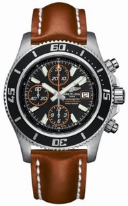 Breitling Automatic Black Chronograph With Abyss Orange Accents, Luminescent Index Markers, Date At 3 Dial Brown Calfskin Leather Band Watch #A1334102/BA85-LS (Men Watch)