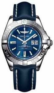 Breitling Automatic COSC Metallica Blue With Index Hour Markers And Large Double Date At 3 Dial Blue Calfskin Leather Strap Band Watch #A49350L2/C806-LST (Men Watch)