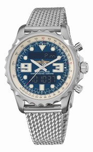 Breitling Quartz Mariner Blue Digital/analog Functions With Luminescent Hands And Markers, Alarm, Gmt Second Time-zone, Perpetual Calendar Chronograph, Backlight, Countdown Timer Features. Dial Stainless Steel Aero Classic Mesh Band Watch #A7836534/C823-S
