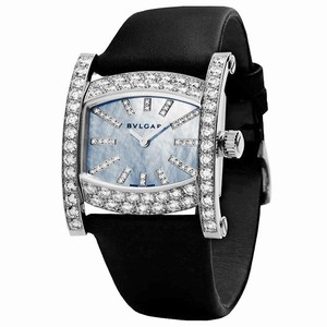 Bvlgari Quartz Light Blue Mother of Pearl Diamond Dial 18ct White Gold Diamond Bezel Black Satin Watch# AAW36D2BL-12 (Women Watch)