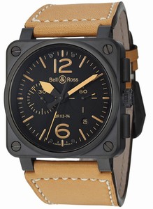 Bell & Ross Automatic Black Dial Calfskin Leather Beige Band Watch #BR03-94-Heritage (Men Watch)